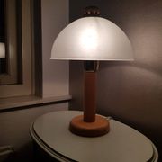 Vintage wooden table lamp with 1980 glass lampshade