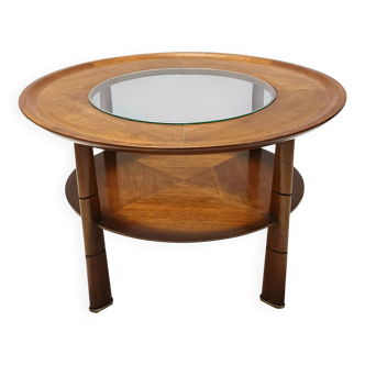 Round Solid Walnut and Crystal Coffee Table attr. to Paolo Buffa, Italy