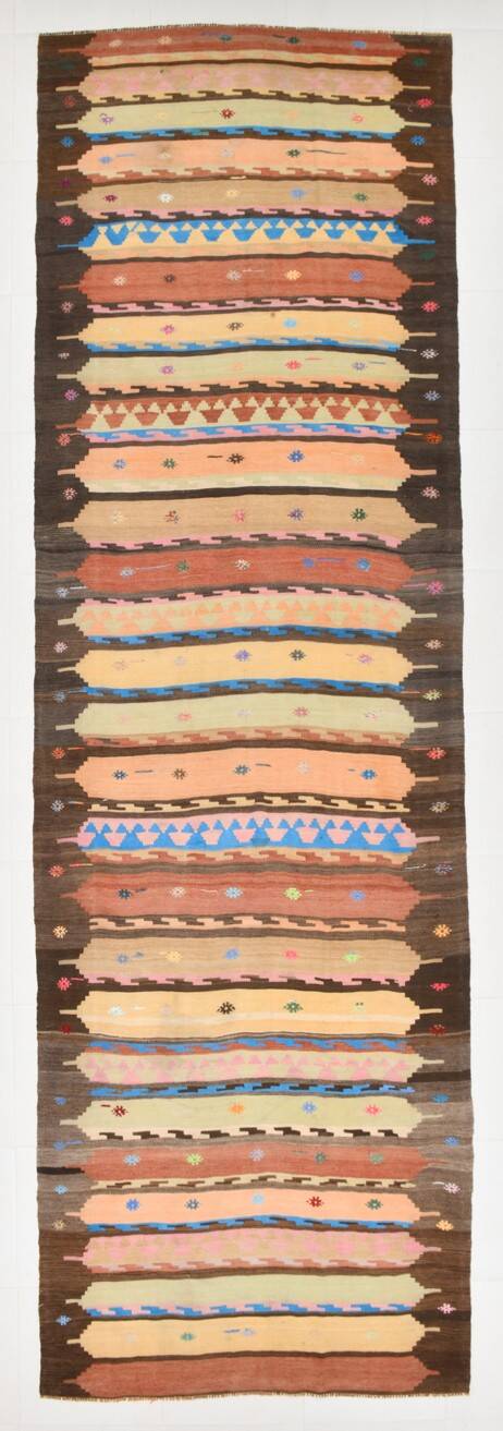 4x13 Beige & Orange Kilim Runner Rug, Wool Runner Rug, Stair Rug, 121x395Cm