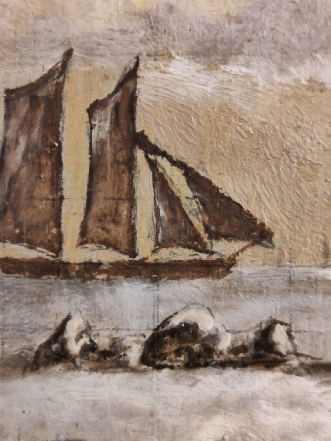 Lot of 2 old marine paintings on wood signed G. Haubois - Gilded frame