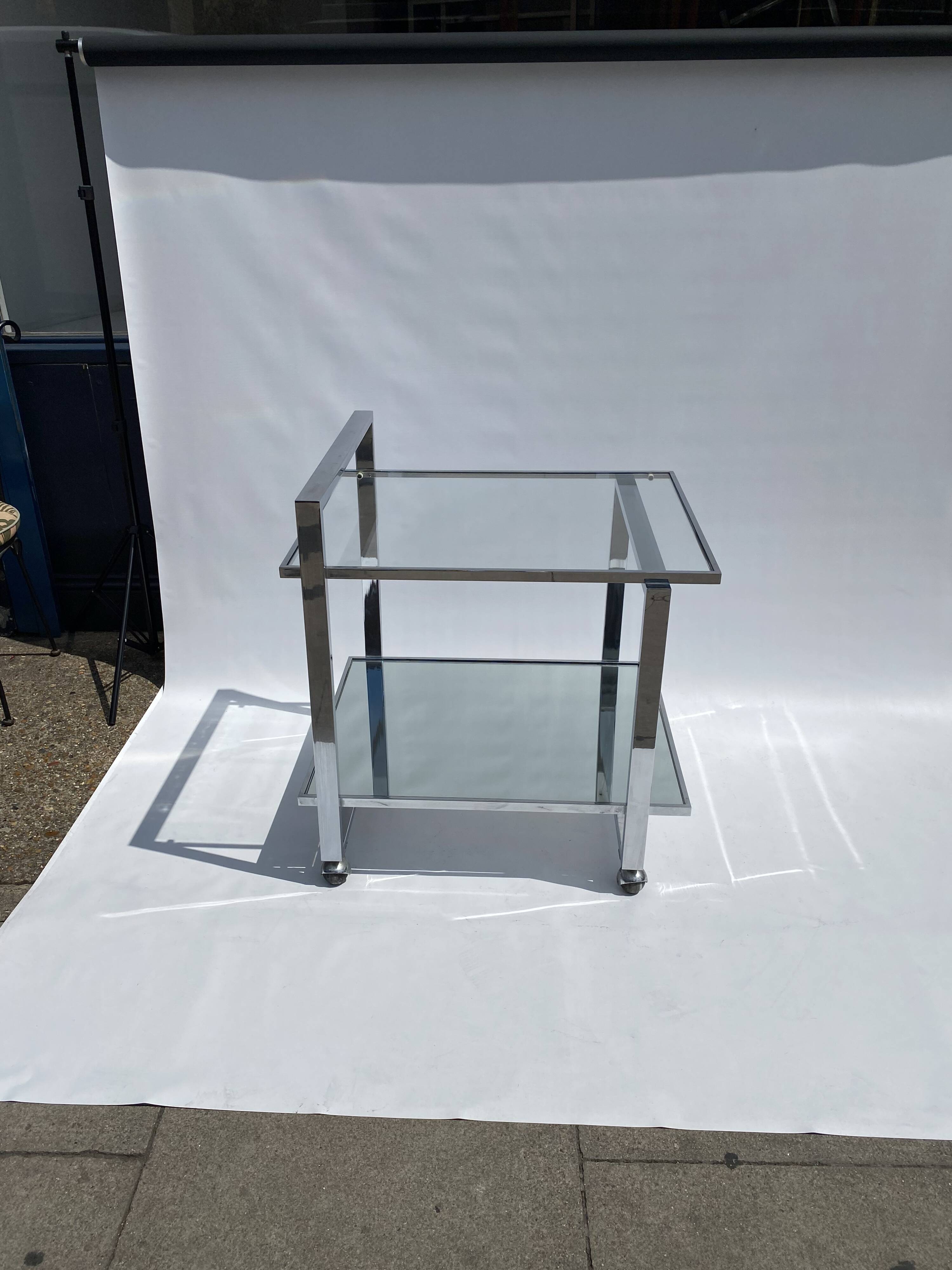 Romeo Rega Chrome 1970s Square Drinks Bar Cart Trolley Table Glass Mirror