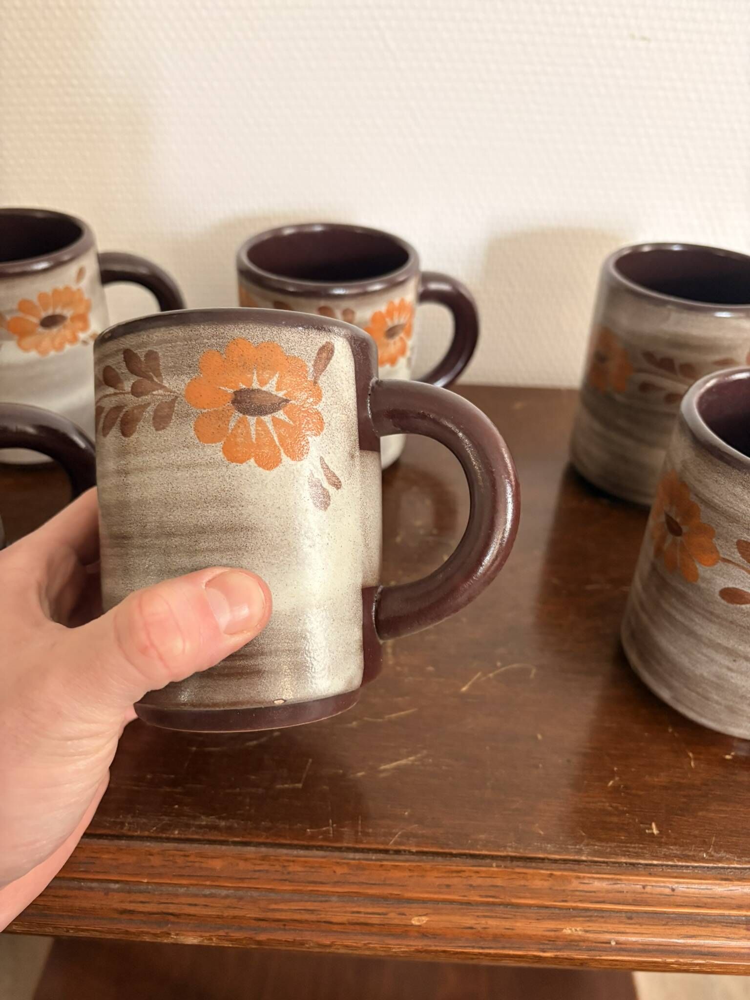 Vintage 6x Cup Ceramic Stoneware Flowers Floral Orange Brown 1970