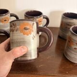 Vintage 6x Cup Ceramic Stoneware Flowers Floral Orange Brown 1970