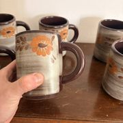 Vintage 6x Cup Ceramic Stoneware Flowers Floral Orange Brown 1970