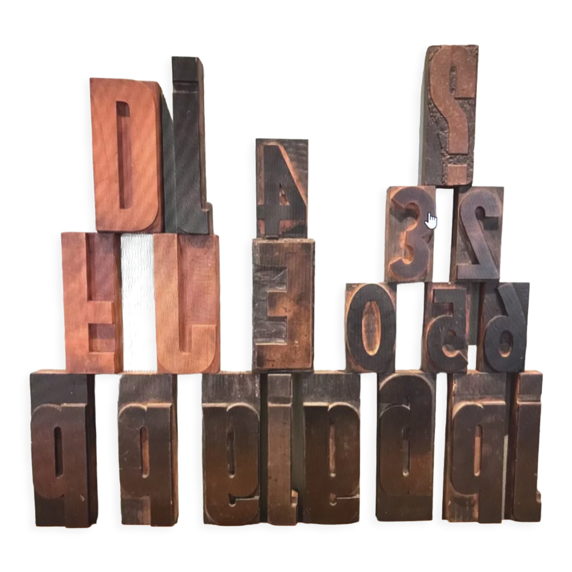 20 lettres d'impression, bois de poirier