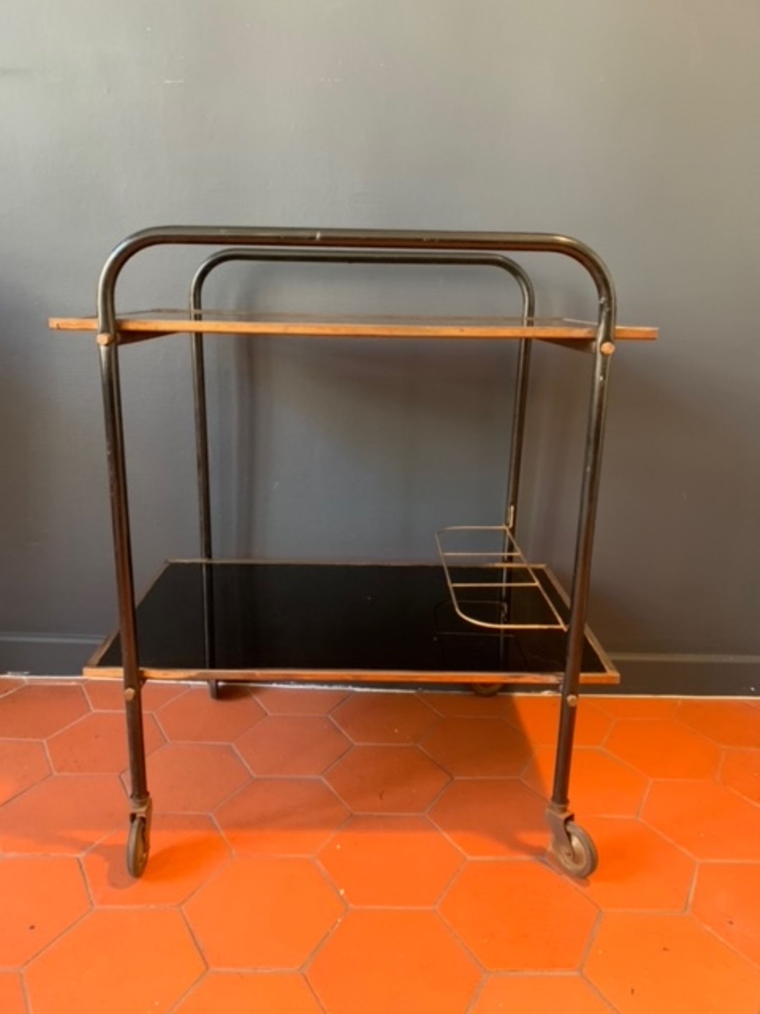Bar service with wheels in black glass and gilded brass 50s