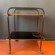 Bar service with wheels in black glass and gilded brass 50s