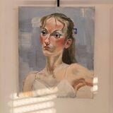 Ancien Peinture Huile Toile Femme Portrait Nue Blonde Enervée Sentiment