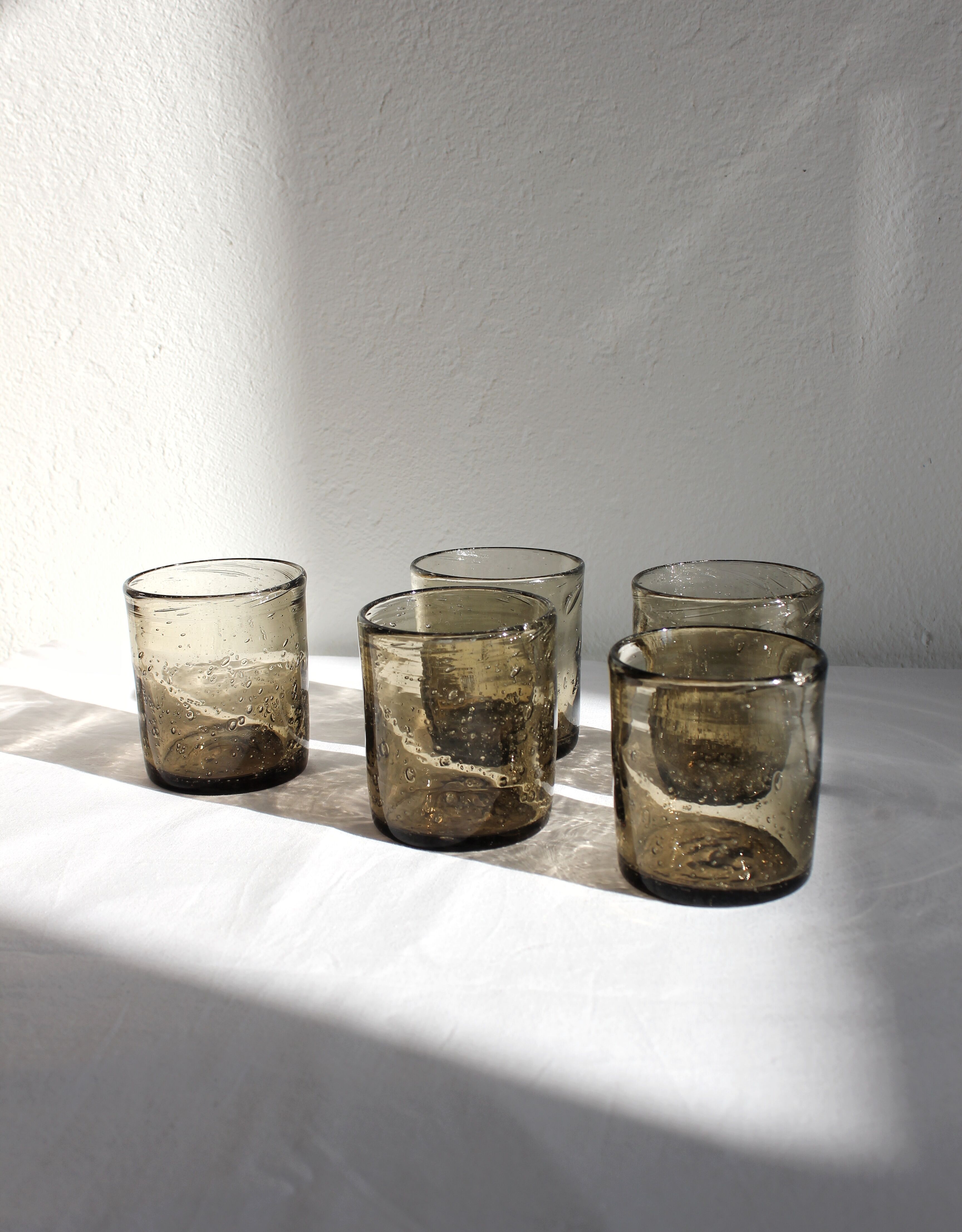 5 vintage water glasses in smoked bubbled glass