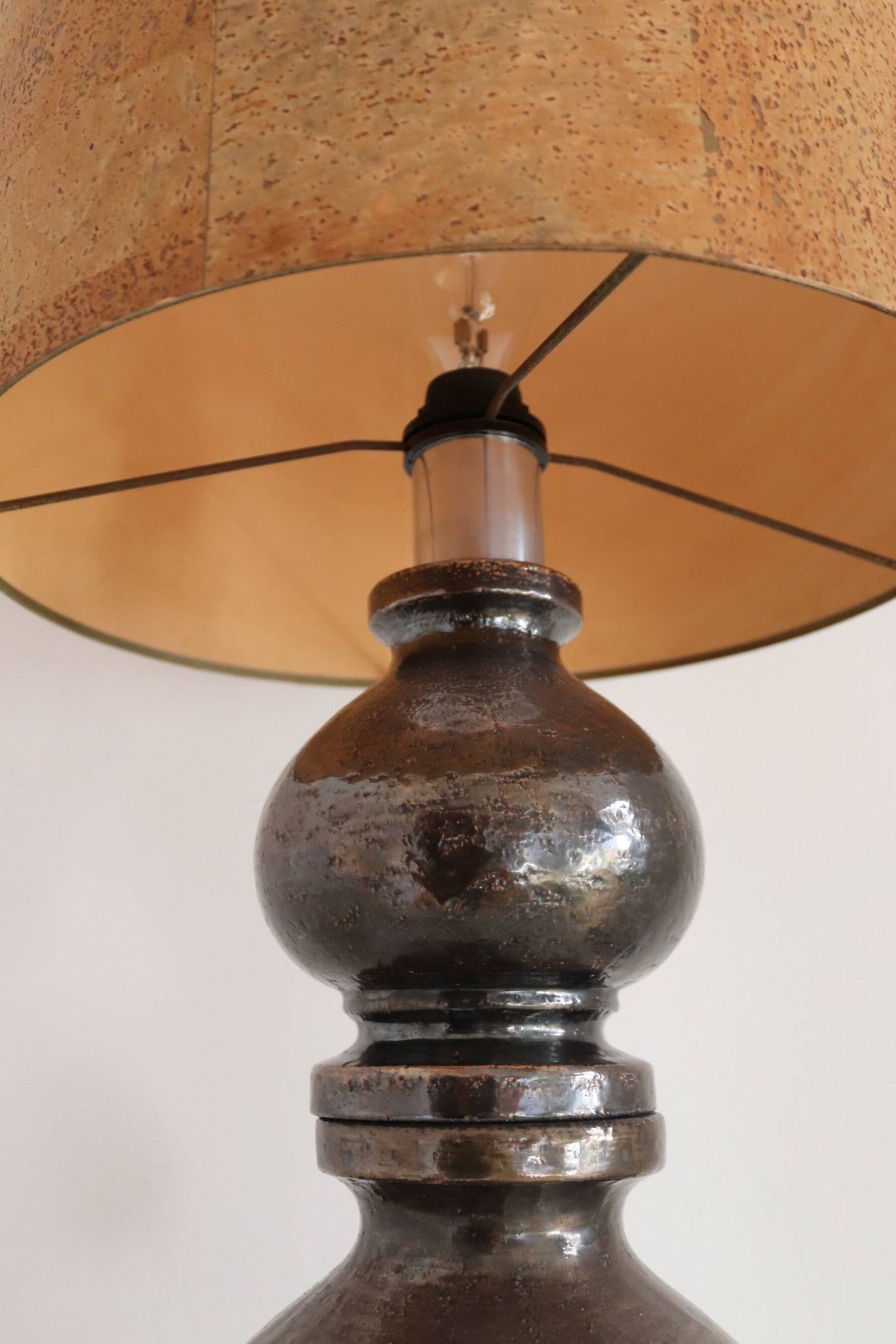 Italian Ceramic Table Lamp by Aldo Londi with Cork Lampshade, 1960
