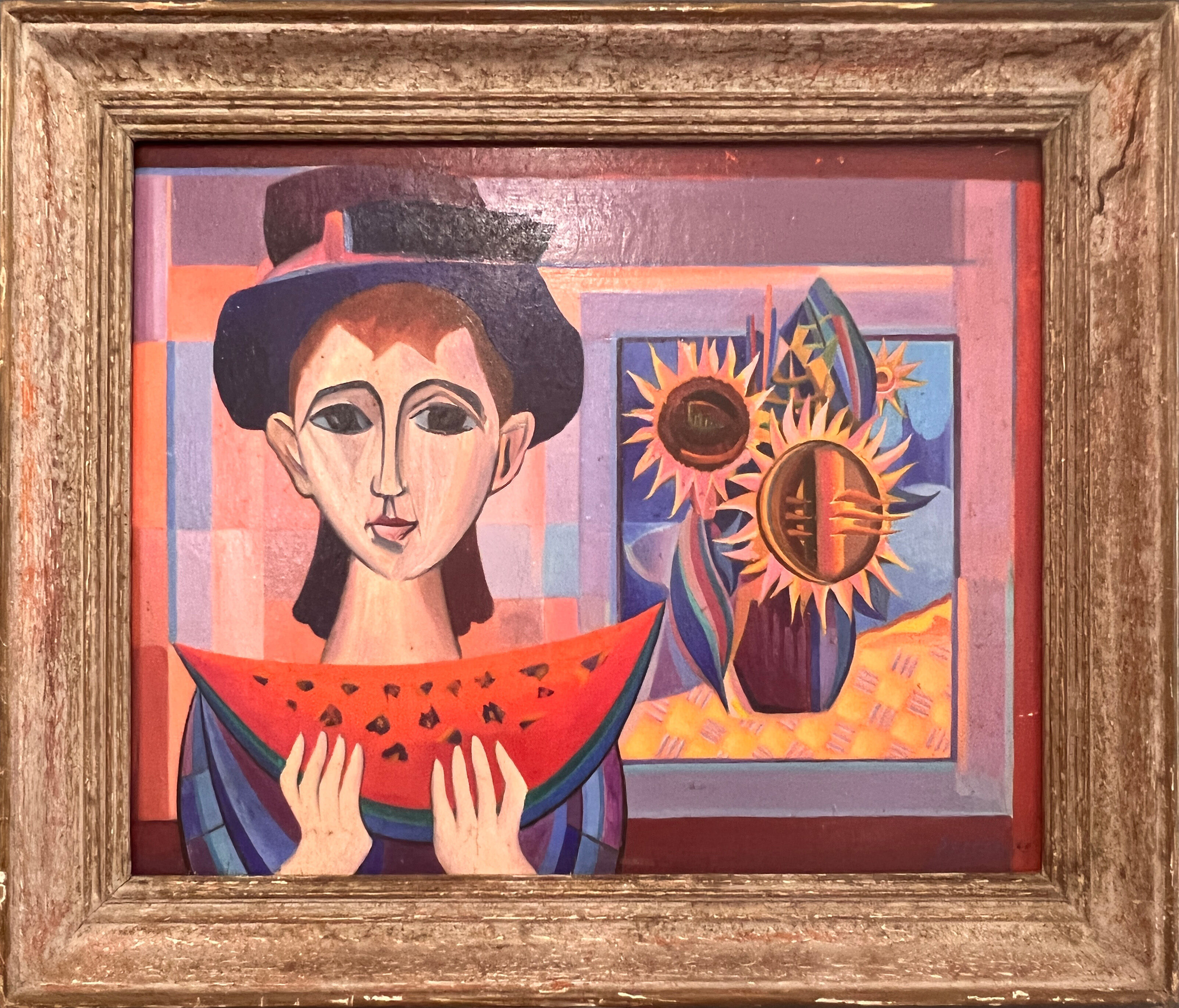 Oil on panel of sarres - girl a la pastheque