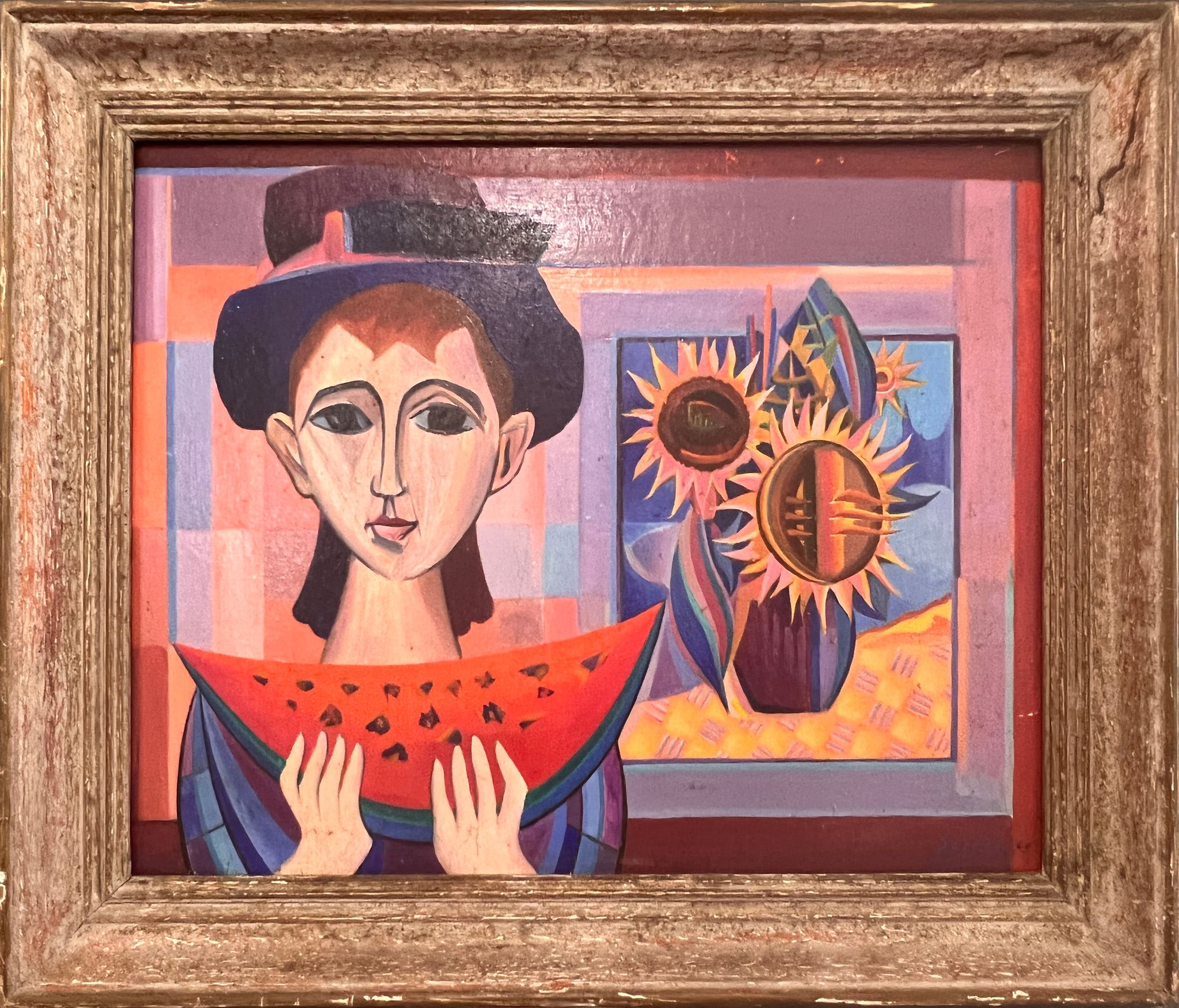 Oil on panel of sarres - girl a la pastheque