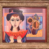 Oil on panel of sarres - girl a la pastheque