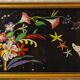 Floral embroidery on black silk framed 1950