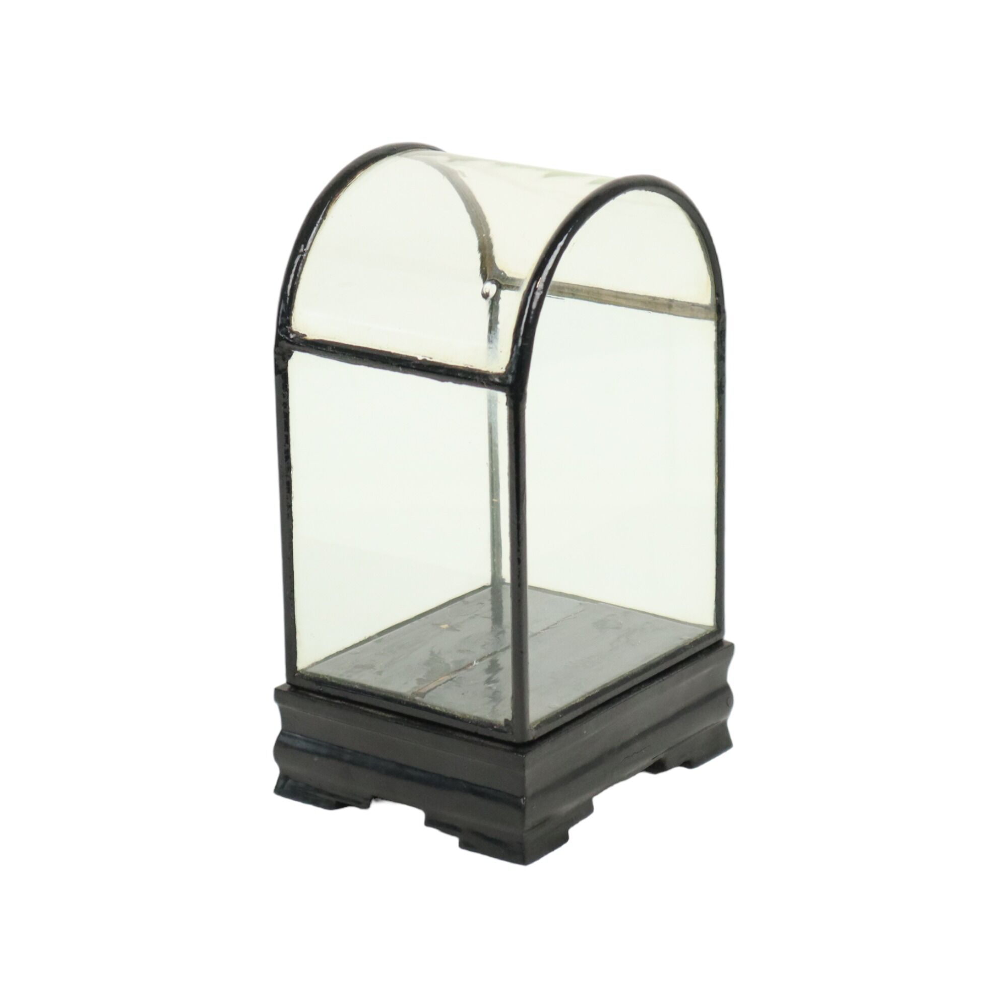 Small ancient chinese bell jar display curved glass black wooden base 21cm