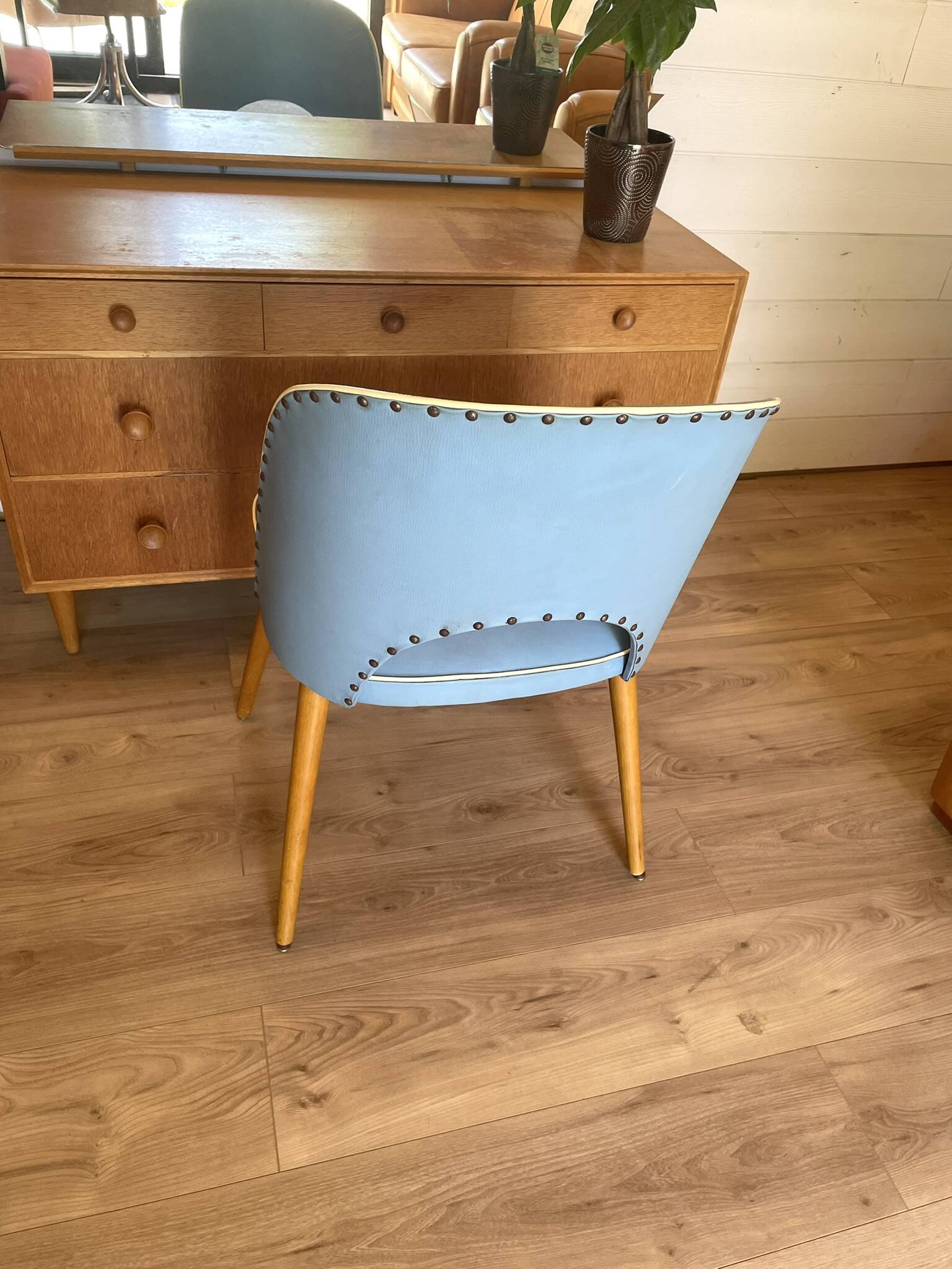 Vintage 1950s Chair Pair – Blue Faux Leather & Compass Legs (Guaric Style)