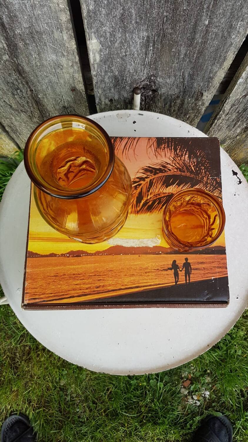 Old orangeade service bahia molded glass pitcher + 6 vintage glasses