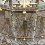 70s designer chandelier with smoked glass plates and gold metal frame