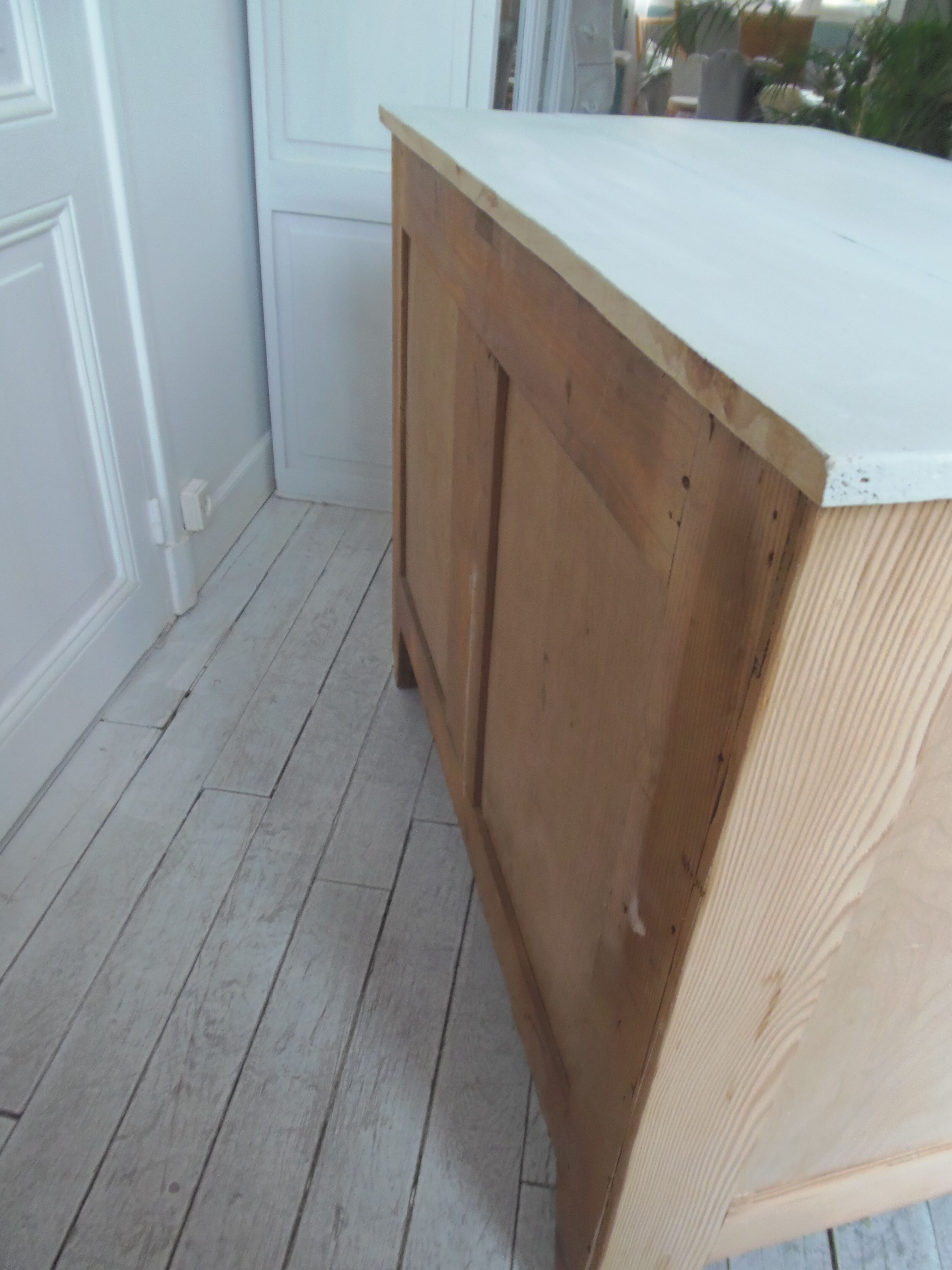 Vintage raw pitchpin chest of drawers, pearl grey patinated drawer tray buttons
