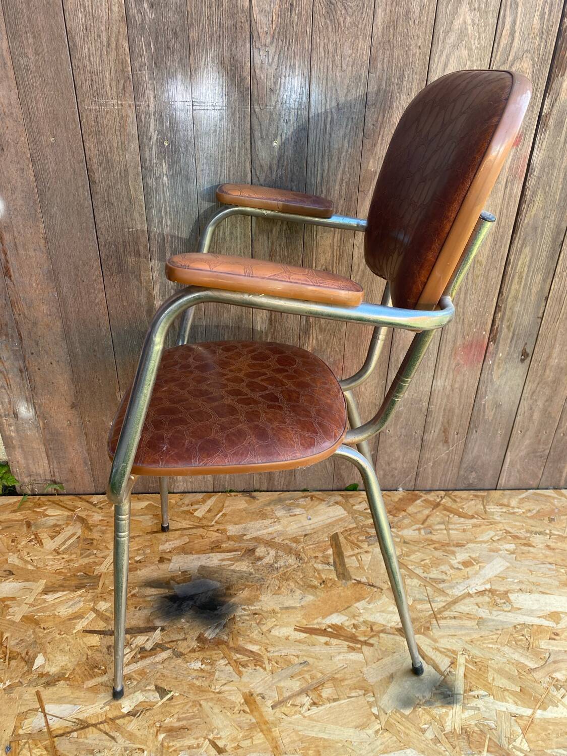 Antique Chrome Metal Armchair + Crocodile Brown Leatherette Seat & Back #C5