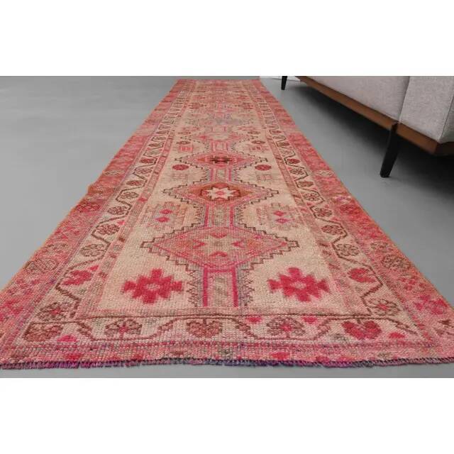 1970s Turkish Hand-Knotted Wool Cotton Pink Runner Rug 80x310