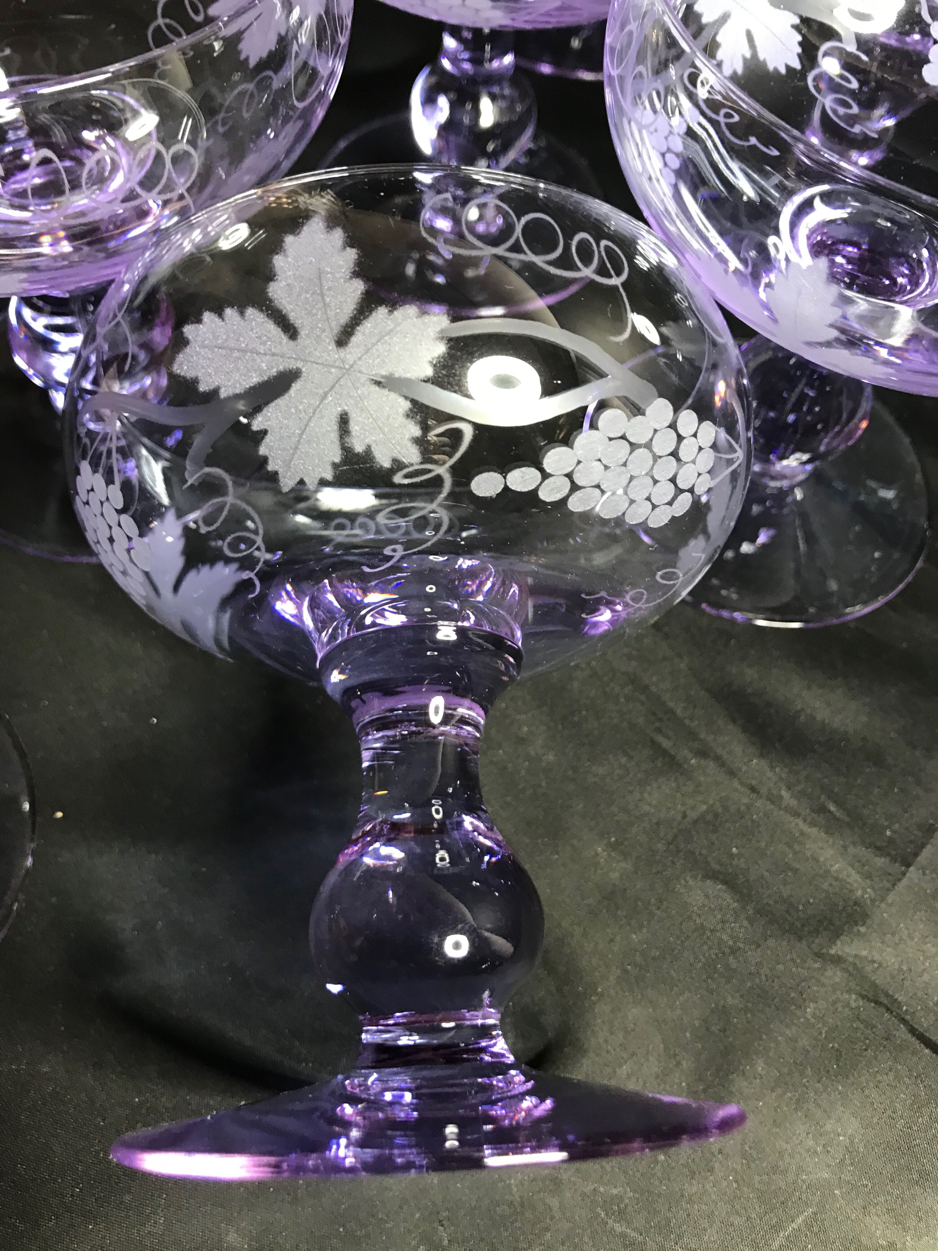 8 colorful crystal champagne cups engraved mid 20th