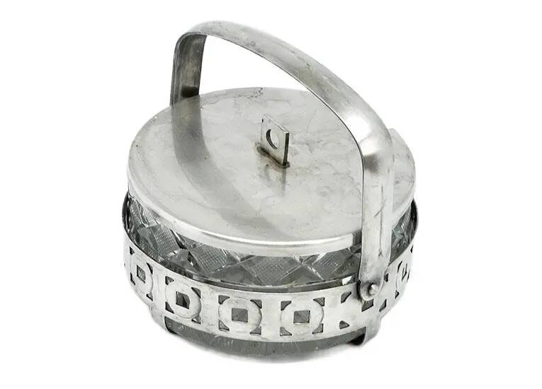 Sugar bowl, postmodernism, glass, silver-plated brass, Poland, 1970s