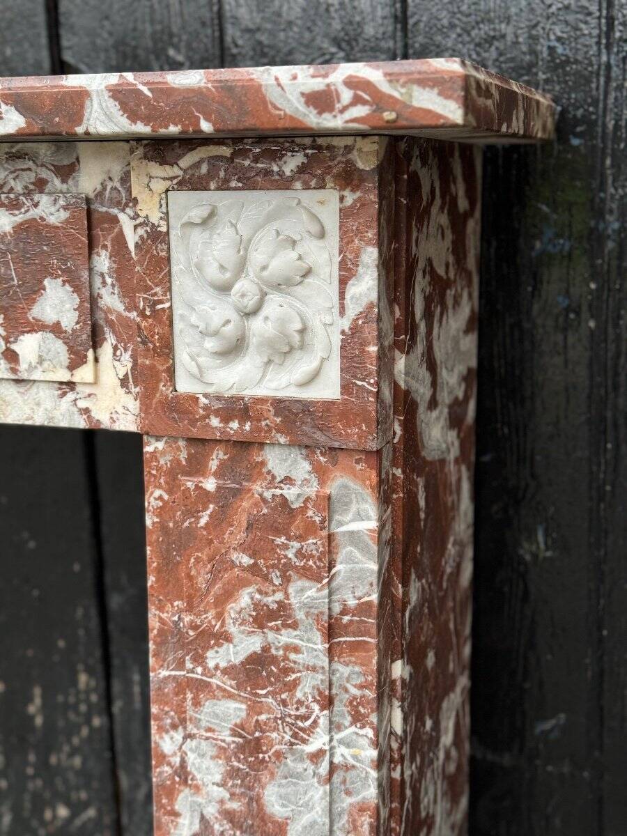 Louis XVI style fireplace in royal red and white Carrara marble circa 1900