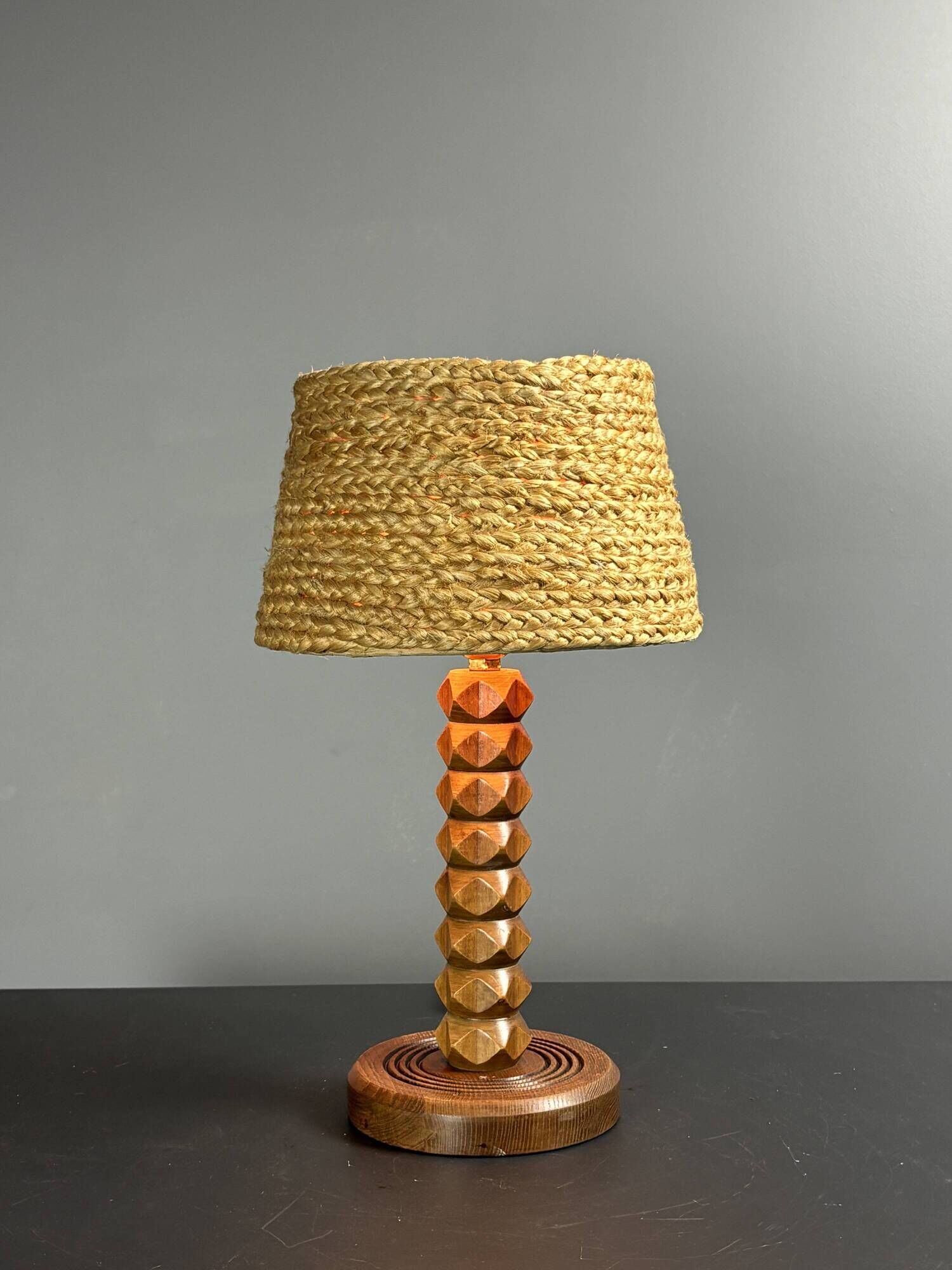 Mid-Century modern brutalist wood turned table lamp Charles Dudouyt style