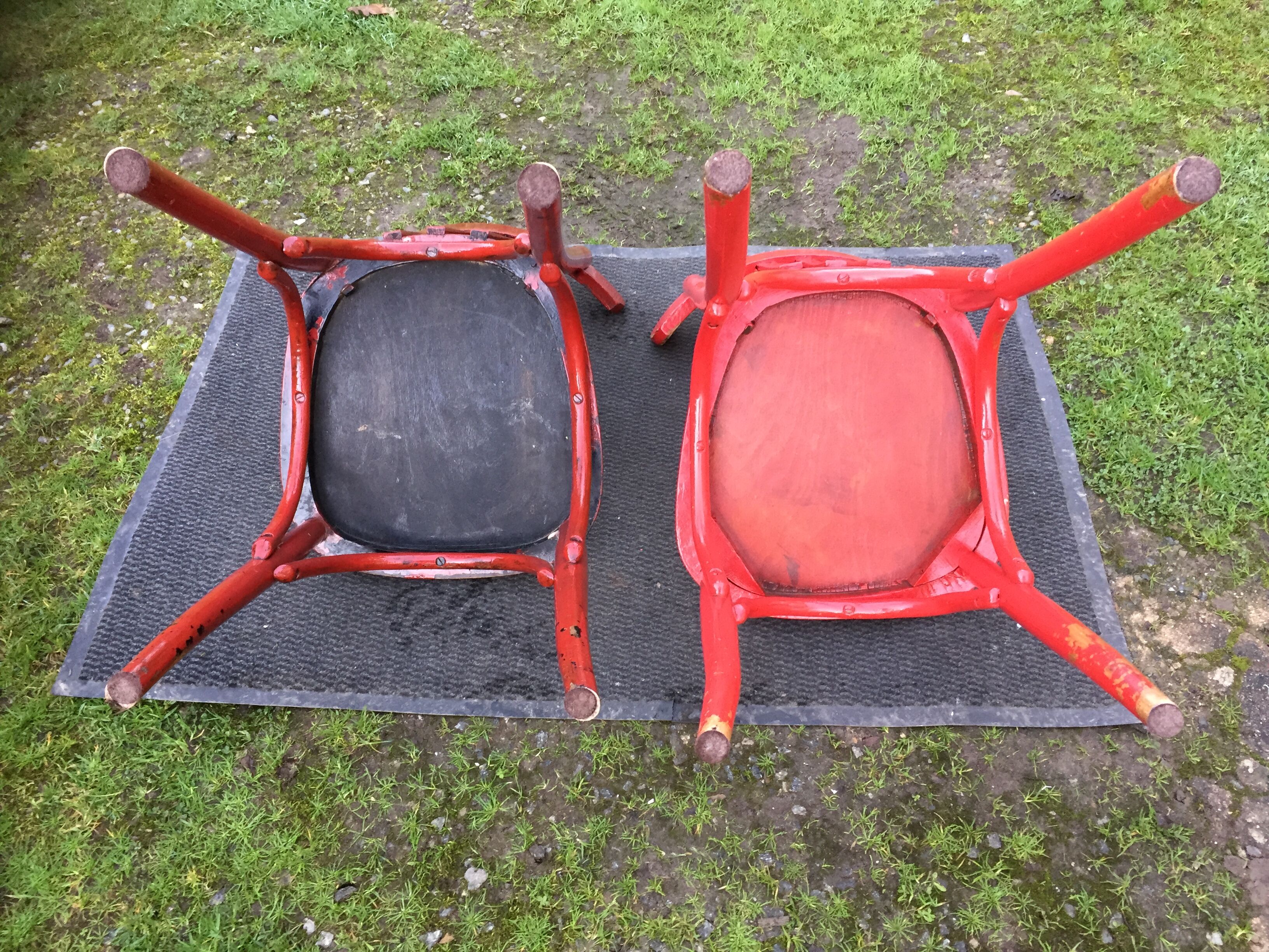 Vintage bistro chairs painted in burgundy and red