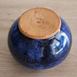 Blue glazed stoneware pot with cork stopper