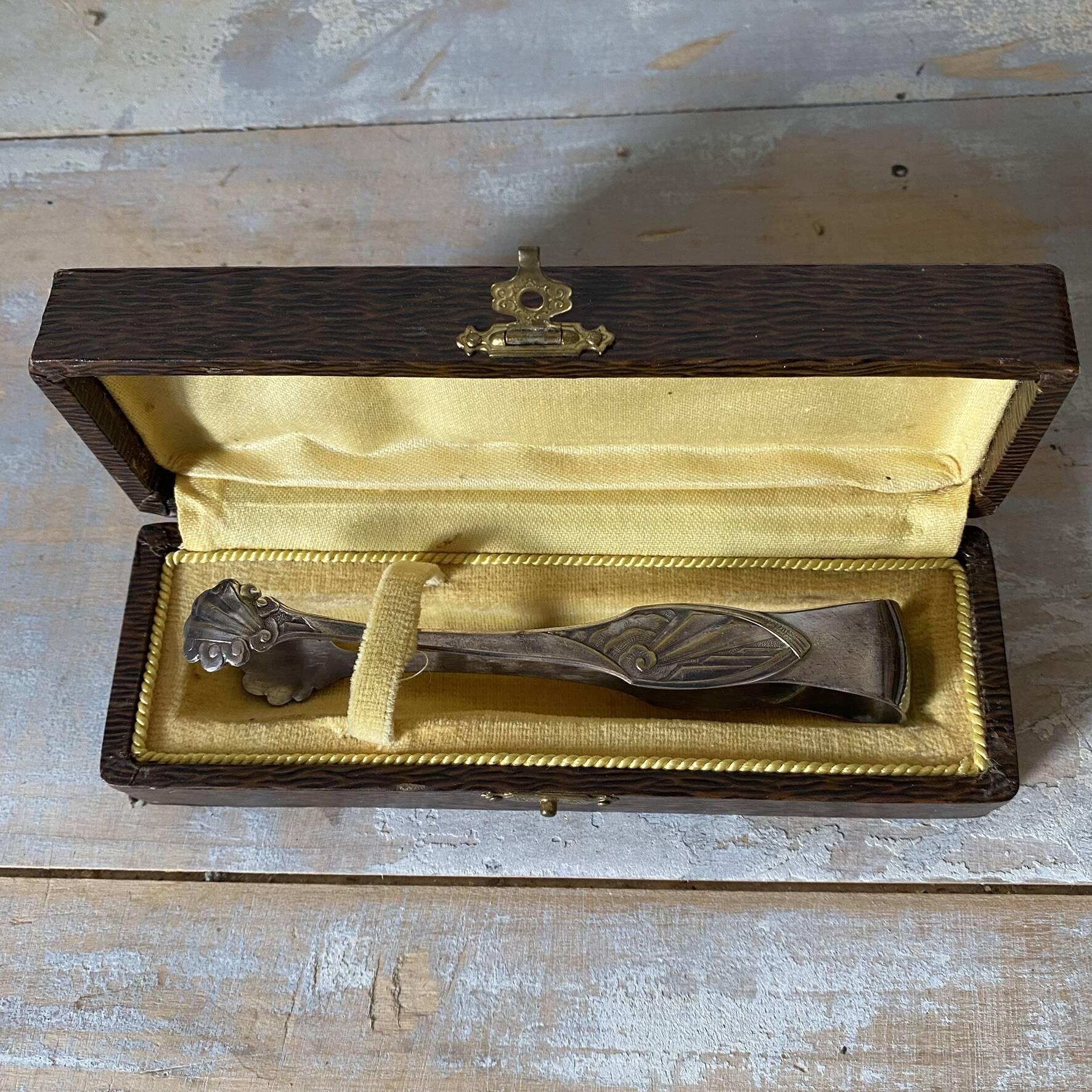 Antique sugar tongs in its case, shell decoration.