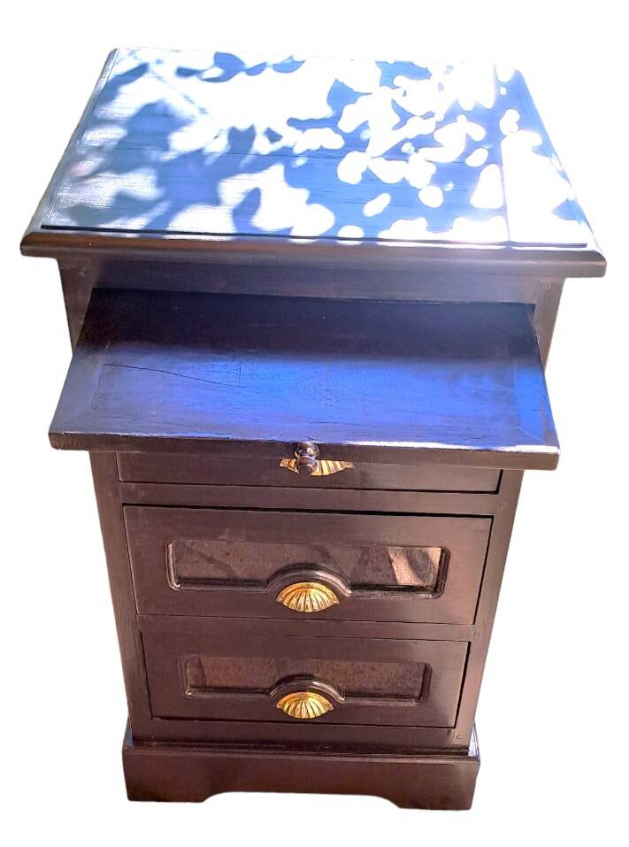 meuble rangement cuisine ou loisirs créatifs 3 tiroirs et 1 tablette en bois massif marron vernissé