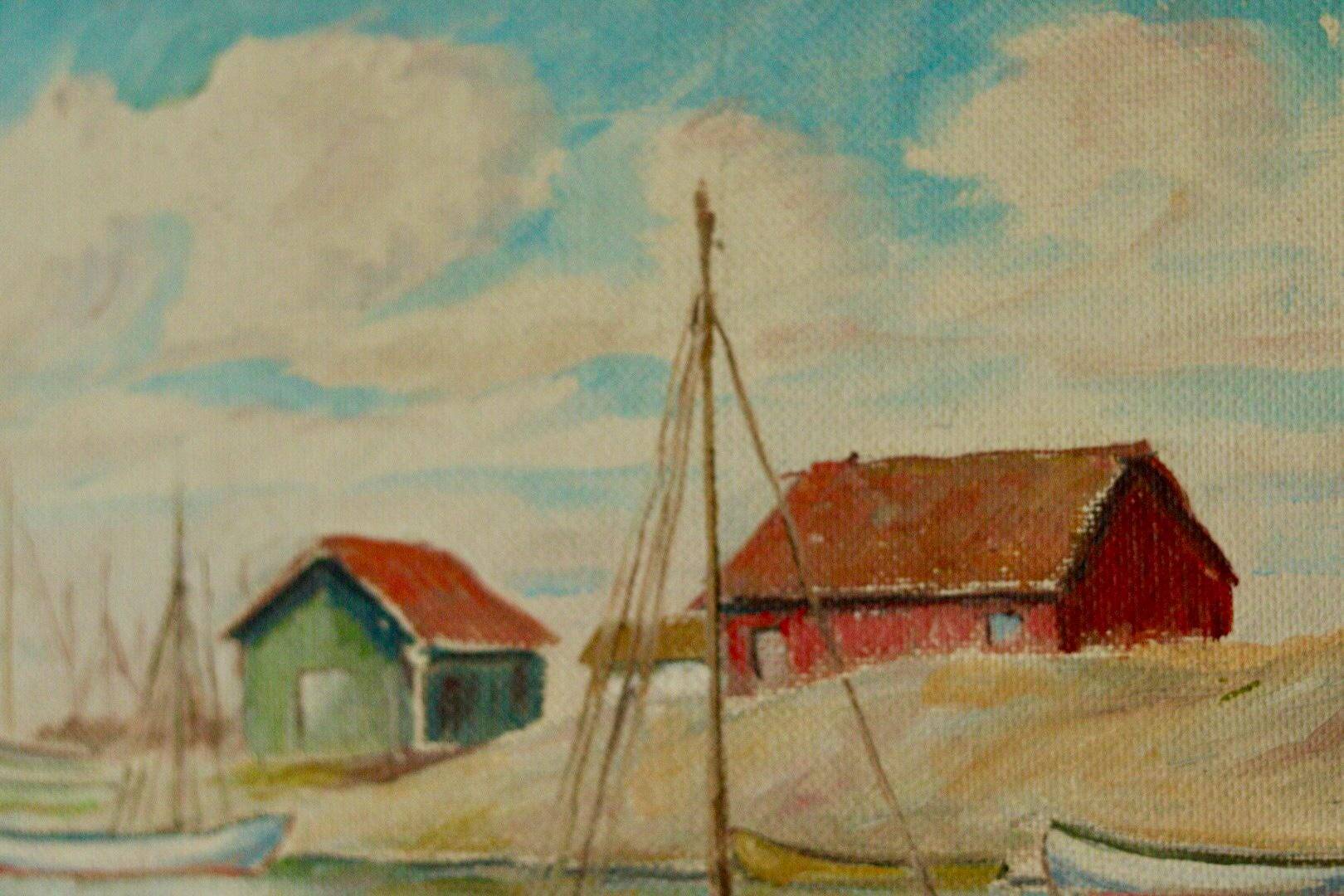 Peinture sur panneau vintage – « Motif bateau et maison »