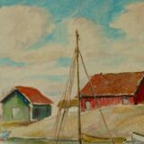 Peinture sur panneau vintage – « Motif bateau et maison »