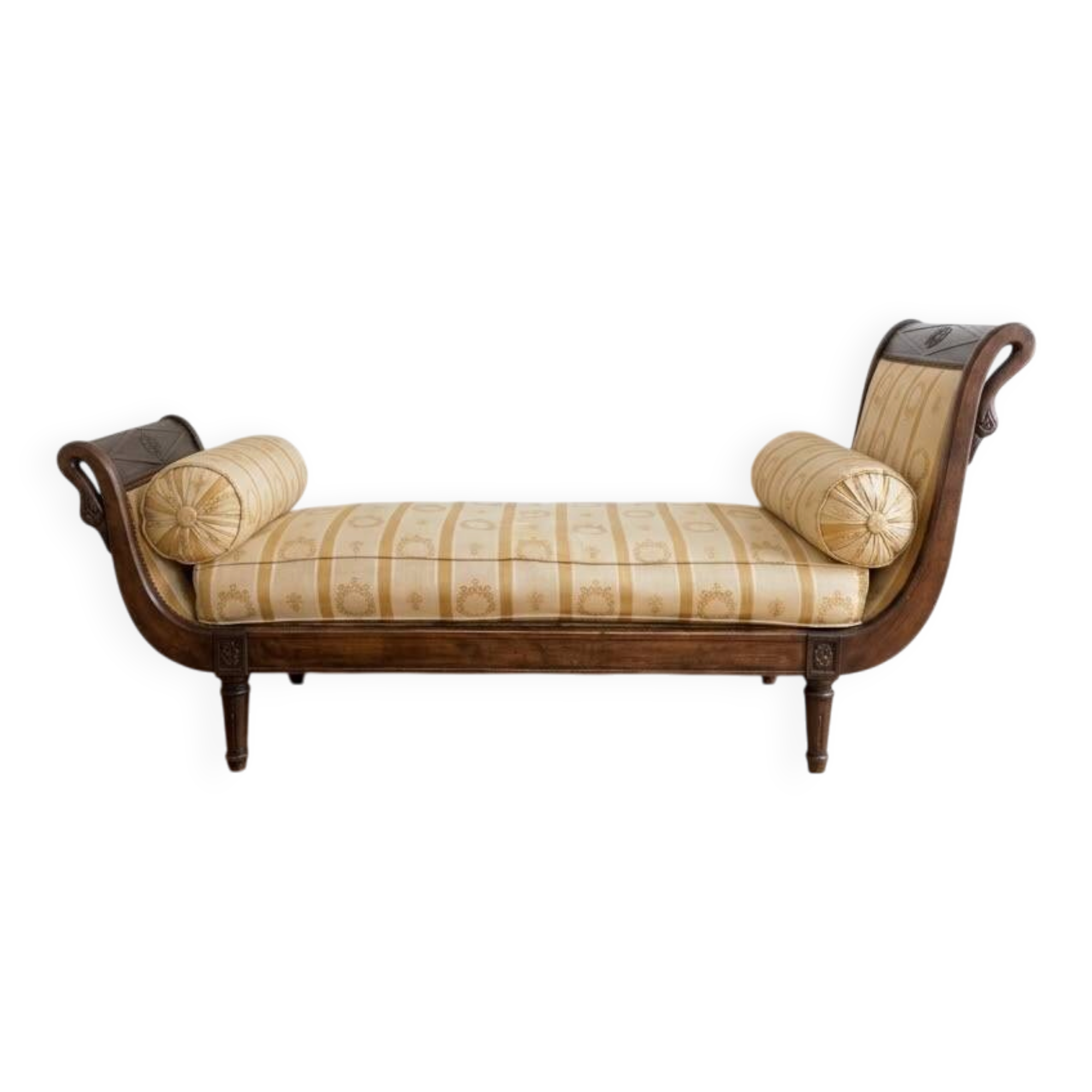 Classic meridian in wood and beige fabric with yellow stripes.