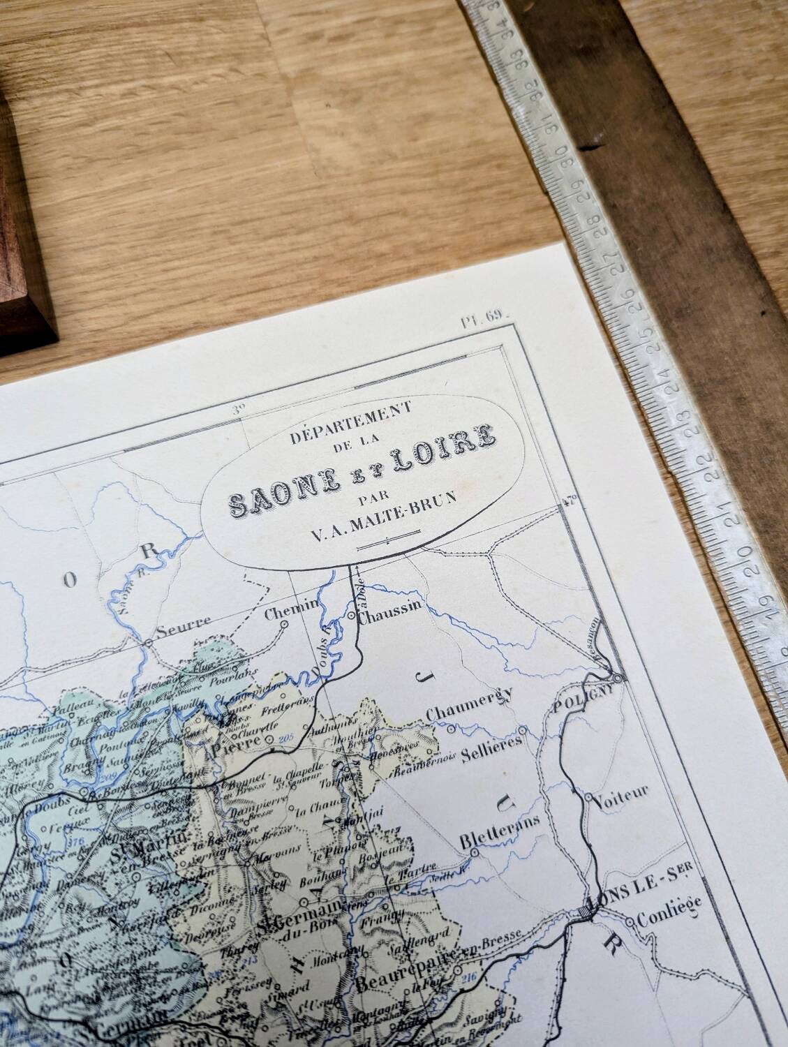 Saône-et-Loire, old map, printed in 1883.