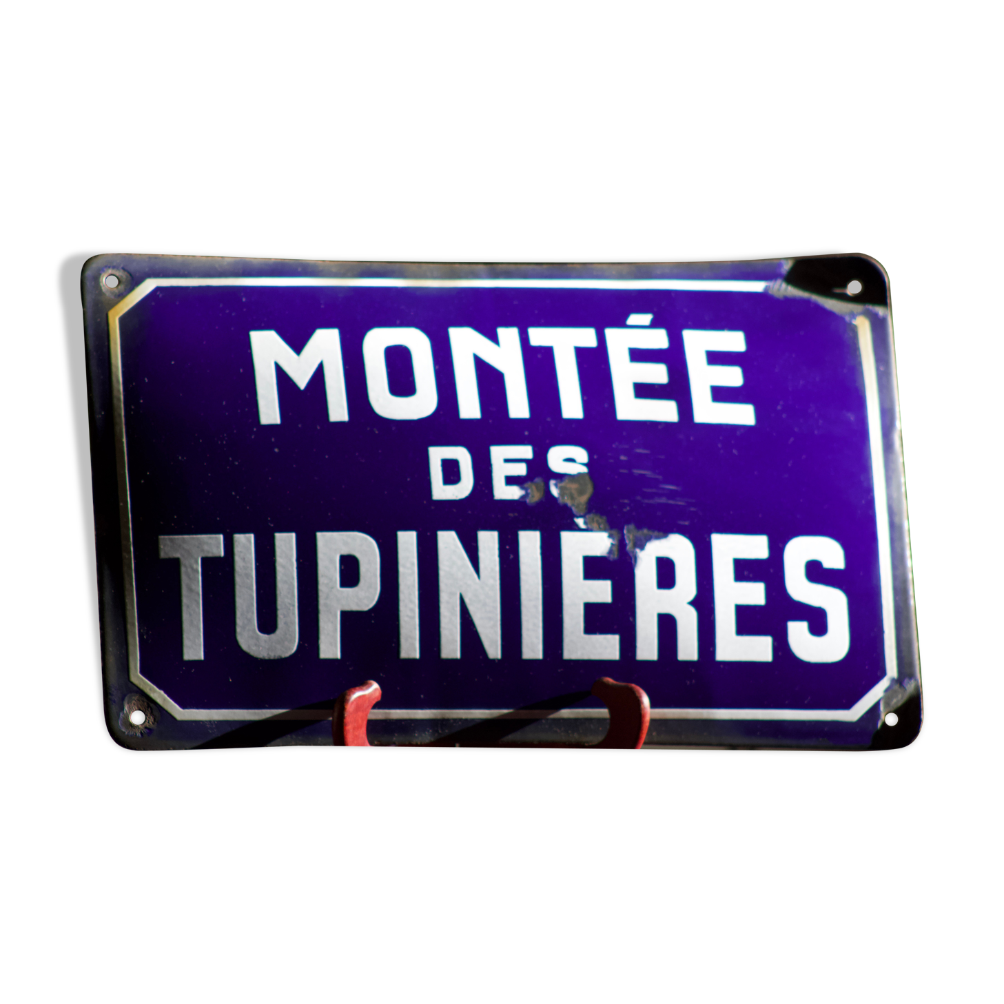 Former French street name plaque in bulging enamel led sheet "Montée des Tupinieres"
