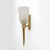 Pair of Mid-century Modern Italian Brass and Pulegoso Murano Glass Sconces