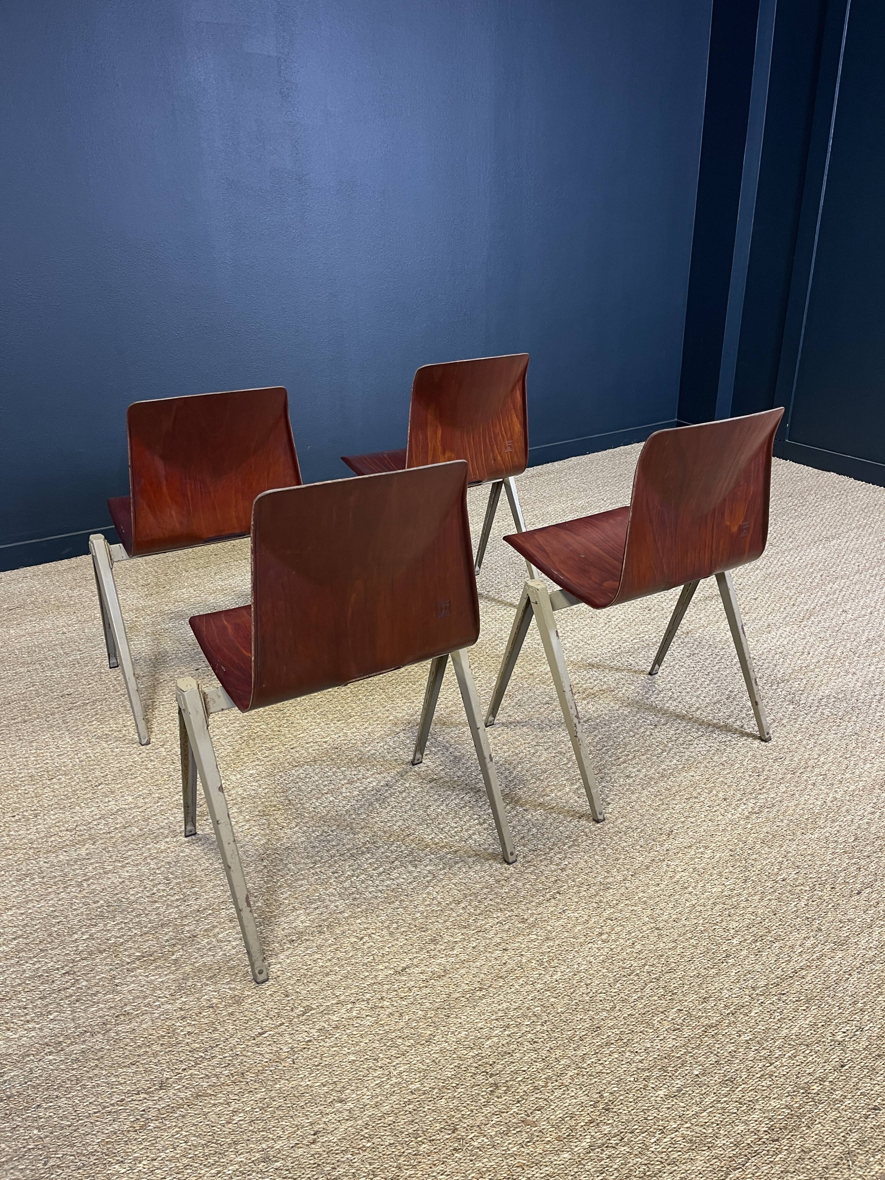 Set of 4 Galvanitas S22 chairs mahogany steel greige Netherlands 70s
