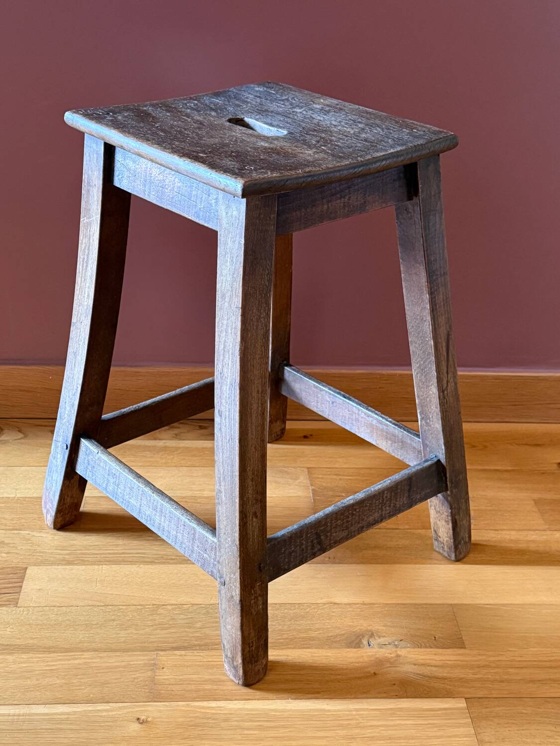 Old workshop stool, solid wood kitchen