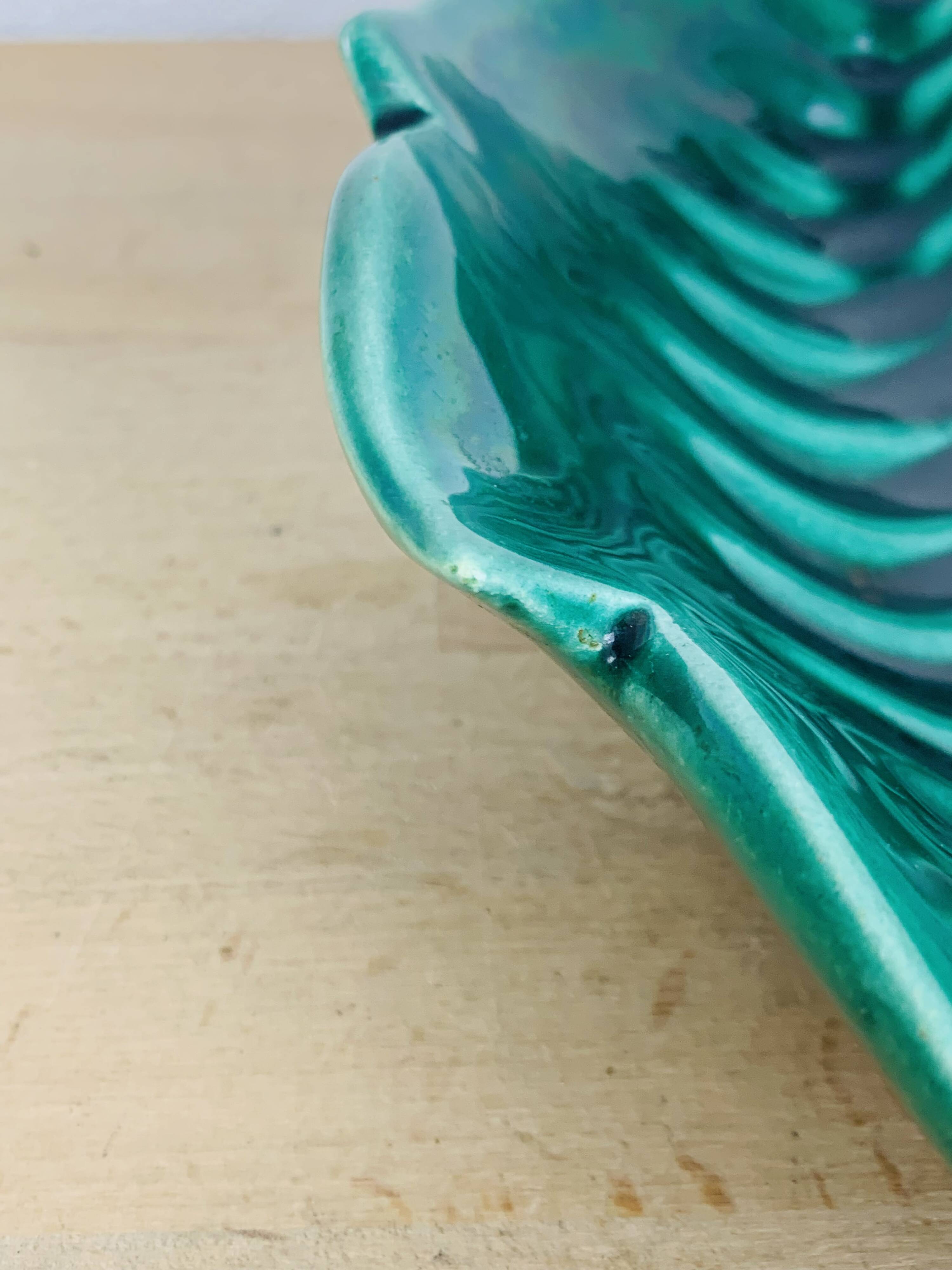 Ceramic cup signed CAB, green leaf, 1950s, slip