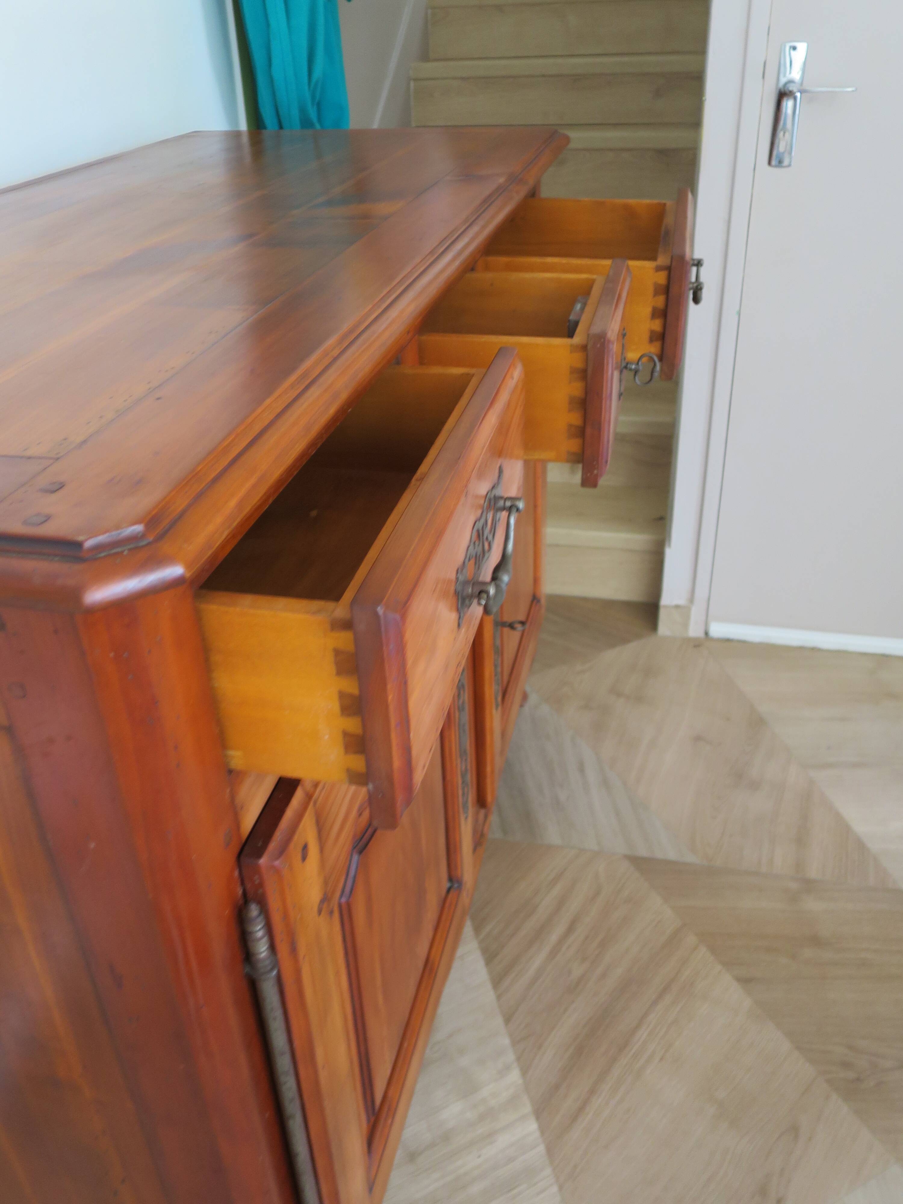Rustic buffet in Louis XV-Regency style, dovetailed, cherry wood finish, solid wood.