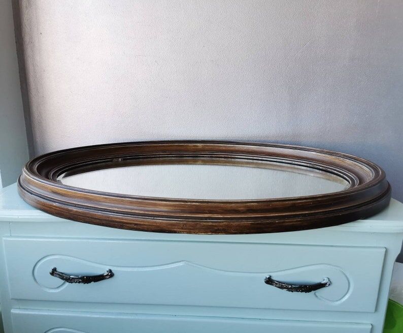 Vintage oval wooden mirror, 1970 (82 cm x 55 cm)