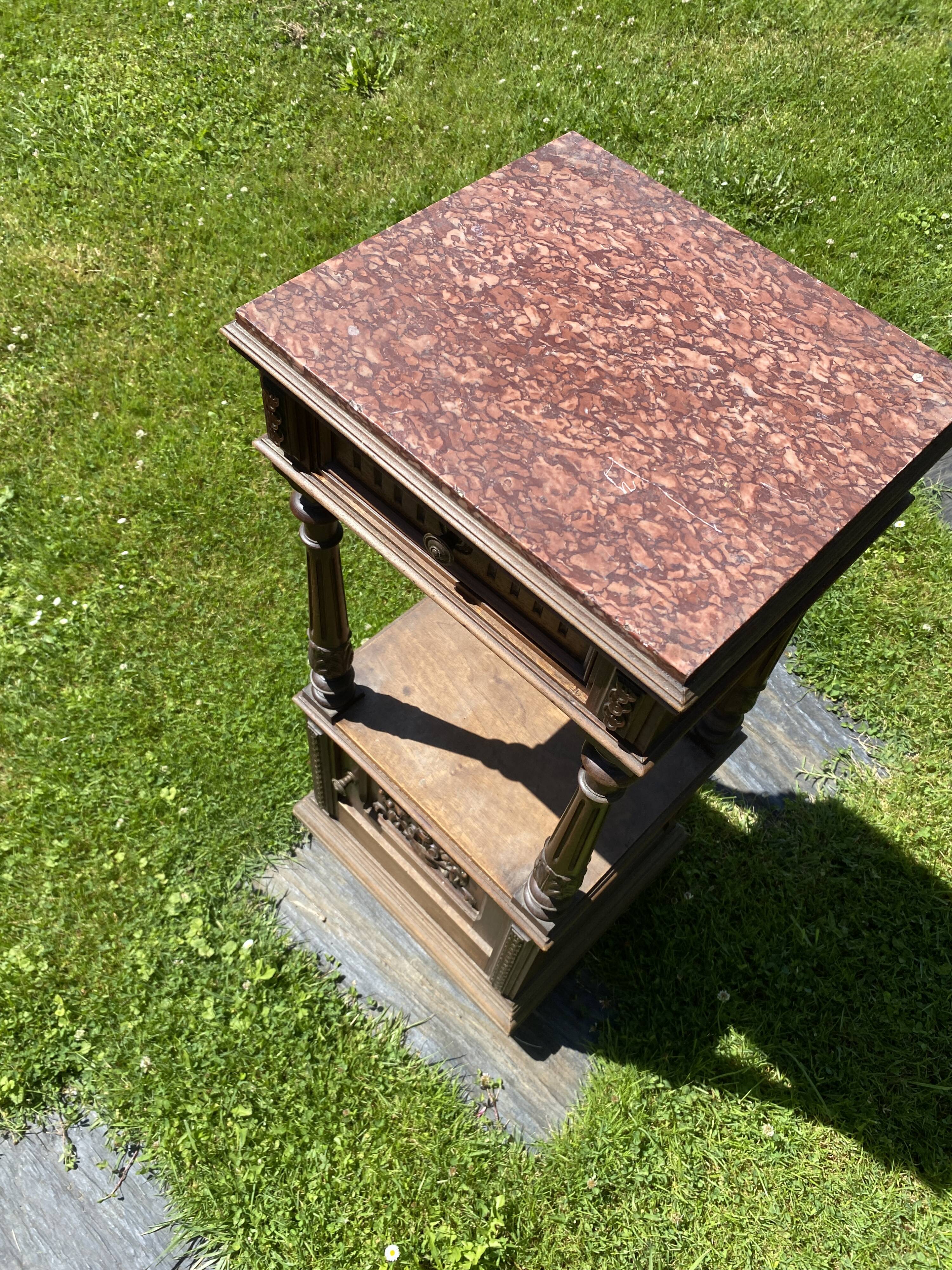 19th century wooden and pink marble bedside table, Henri II style