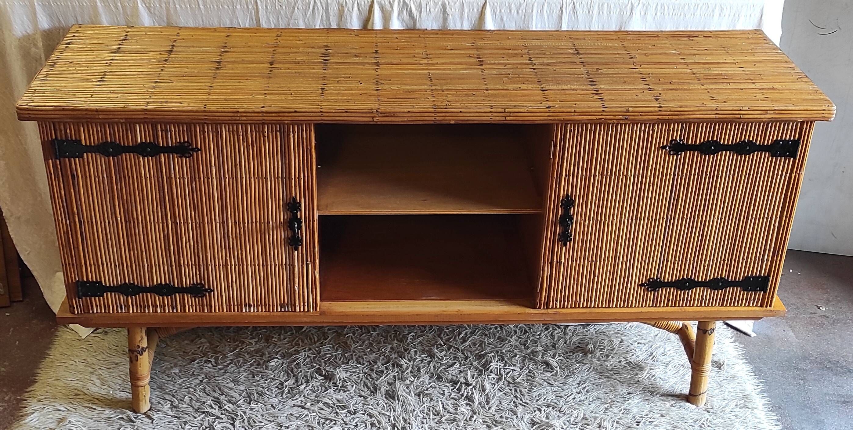 Rattan and bamboo sideboard in the style of "Le doux Minet" - 1960s/70s