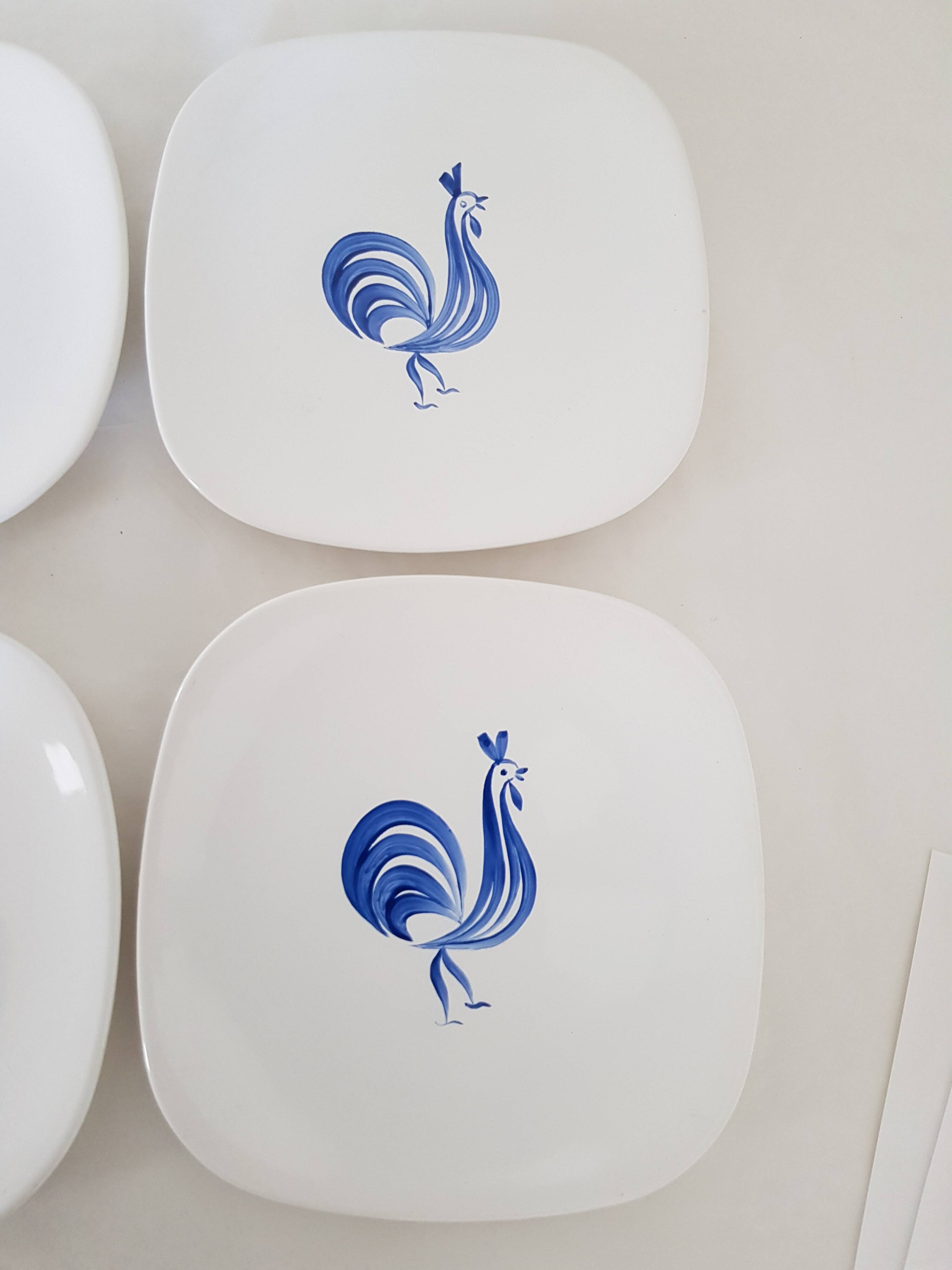 Set of 6 Longchamp dessert plates hand painted blue rooster