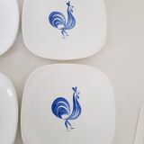 Set of 6 Longchamp dessert plates hand painted blue rooster