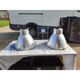 Pair of industrial pendant lights in aluminium and glass.