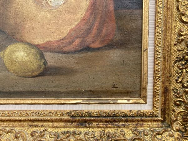 École Française, Nature morte à la Courge et au broc, Huile sur toile encad